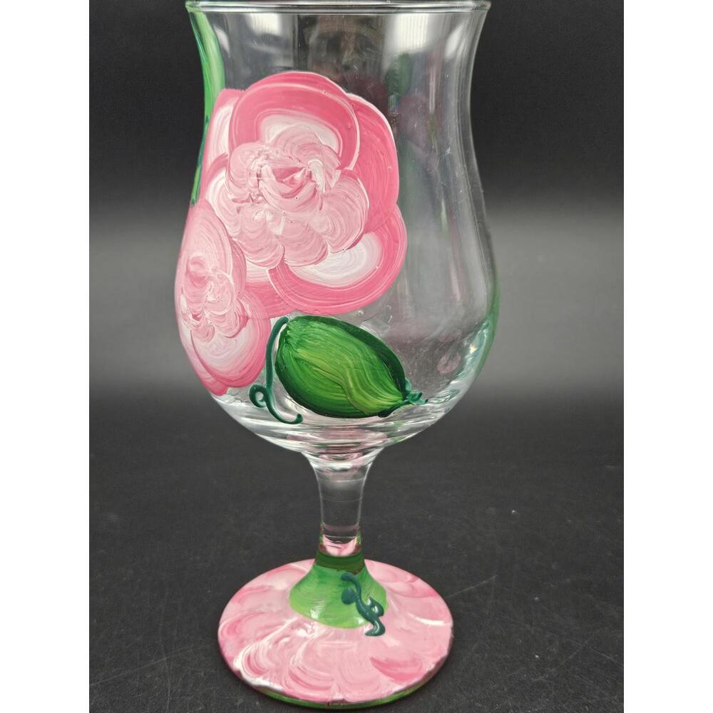 Set of 2 Vintage Hand Painted Pink Floral Wine Glasses Tulip Flared Rim 6.5" - Picture 9 of 15
